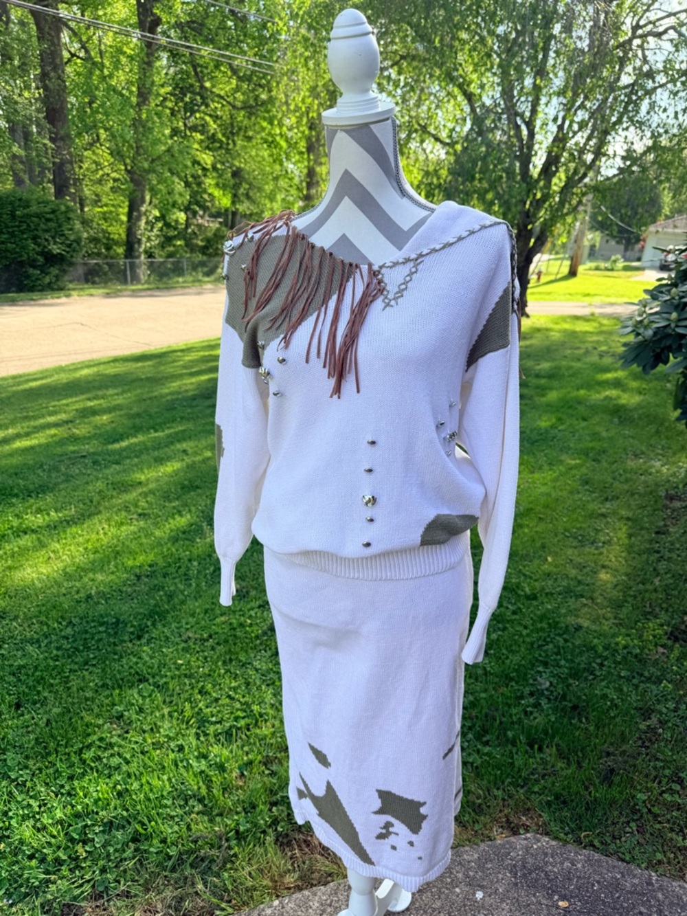 Christine White 1980’s Cotton Skirt Set w/Olive Accents & Rhinestones Sz. S